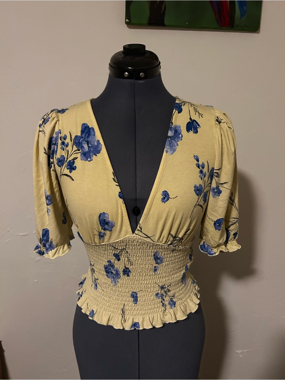 Floral Smocked Waist V-Neck Top - Yellow with Blue Flowers